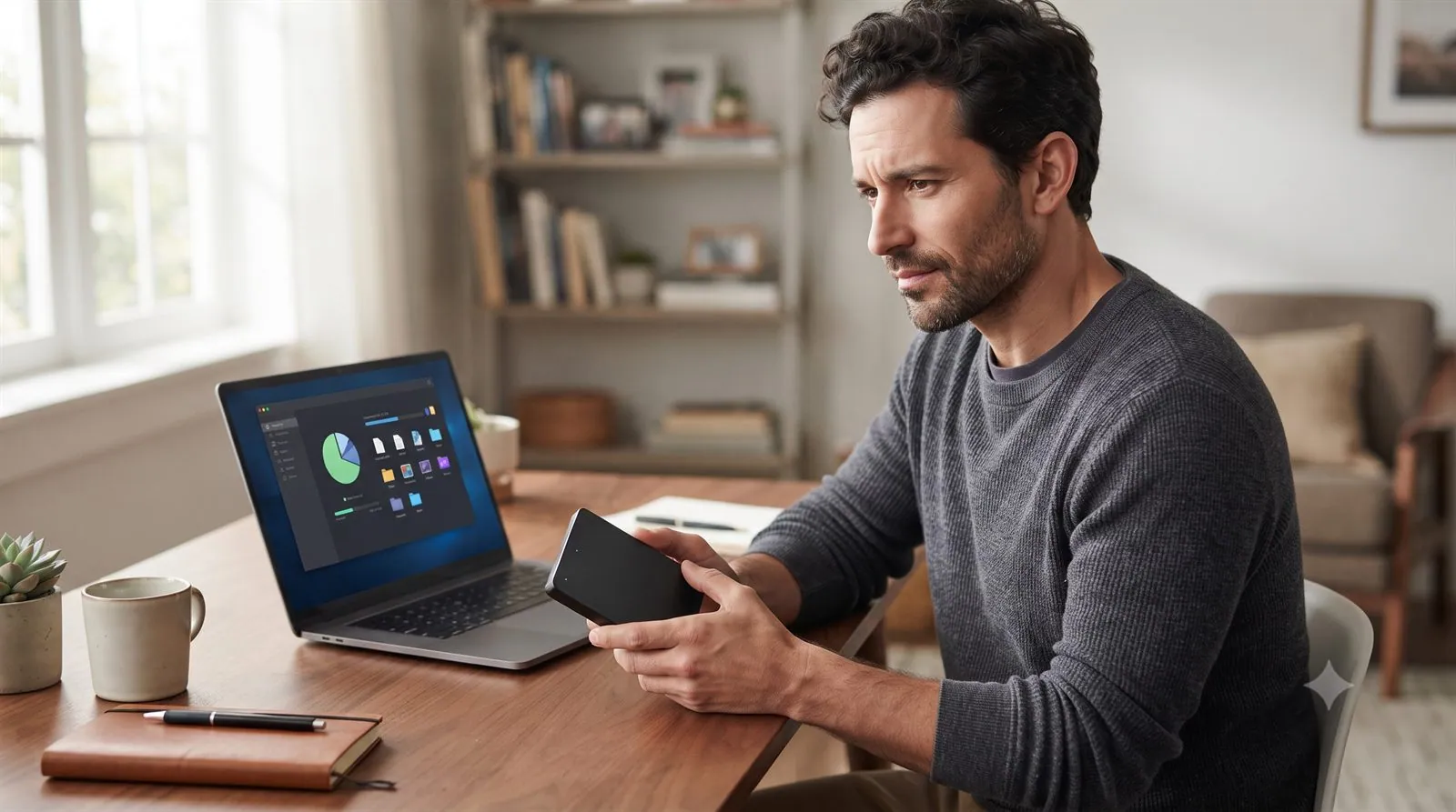 A person deciding between recovery software and a lab, drive on desk