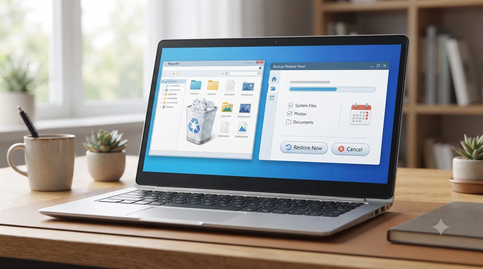 A laptop showing a Recycle Bin restore and a backup restore option