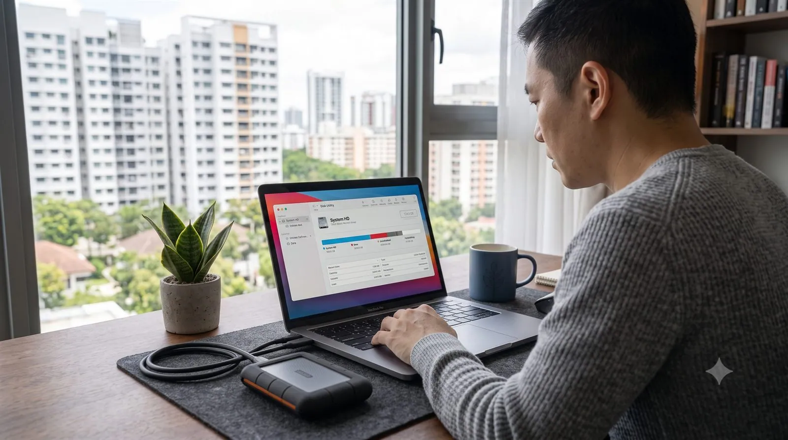 A person checking an external drive in Disk Management on a laptop