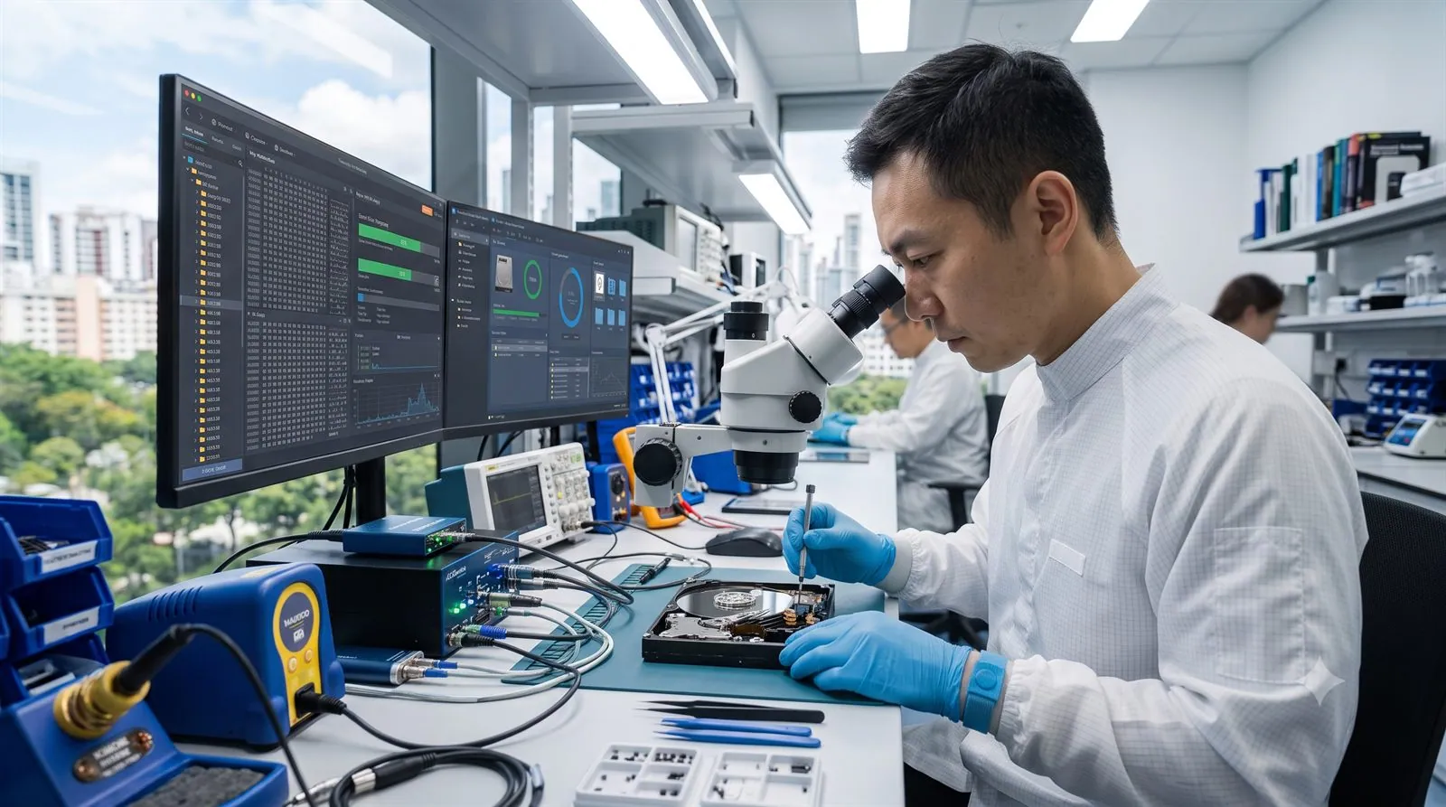A data recovery engineer working on an external drive in a lab to read its storage