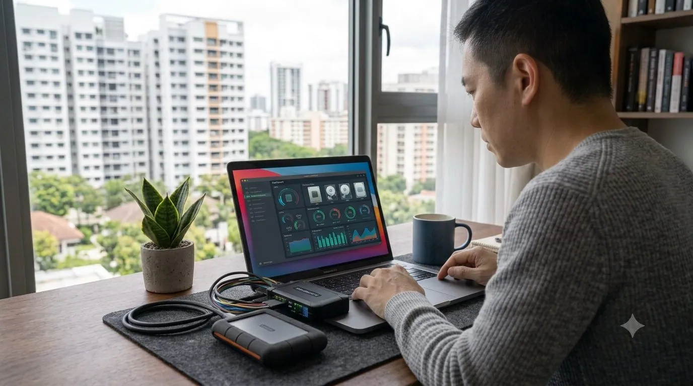 A person running CrystalDiskInfo to check drive health on a laptop