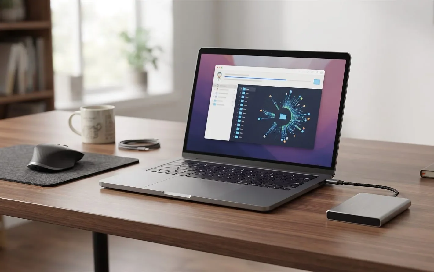An external hard drive connected to a laptop showing recovery software scanning