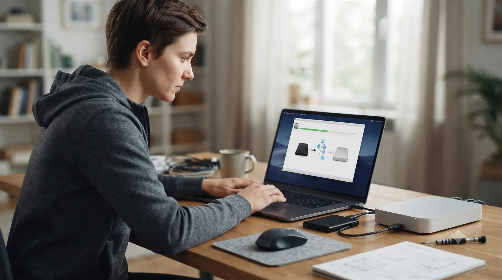 A person recovering files from a formatted drive to a separate drive on a laptop