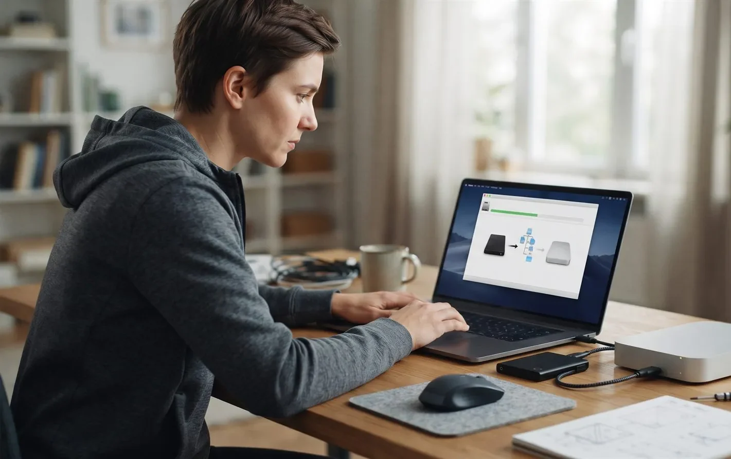 A person recovering files from a formatted drive to a separate drive on a laptop