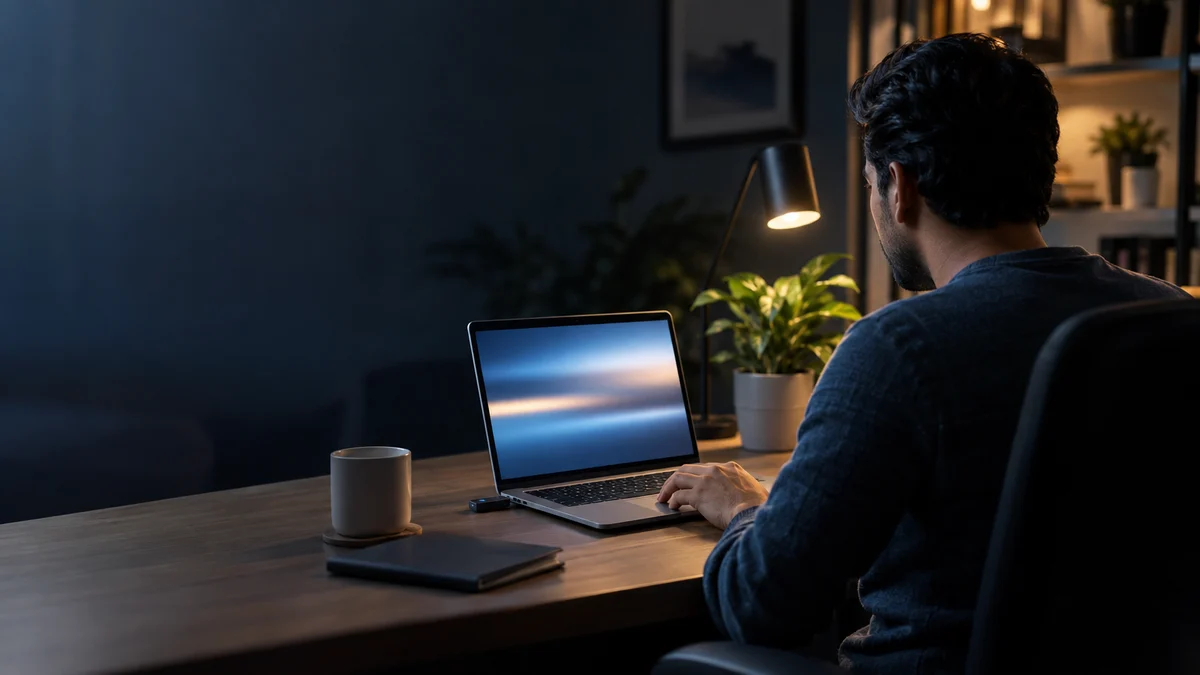 A man at a laptop with a USB drive attached while recovery software runs