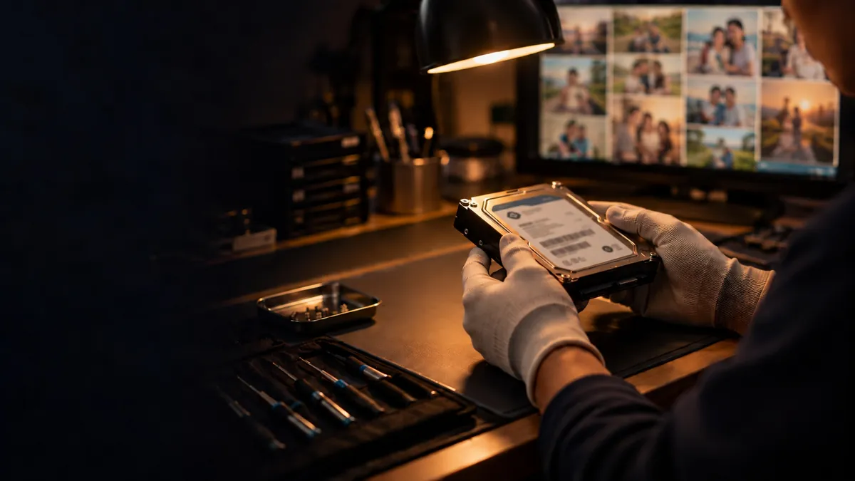 Gloved hands holding a sealed 3.5-inch hard drive at a lab bench, with recovered family photographs on the screen behind