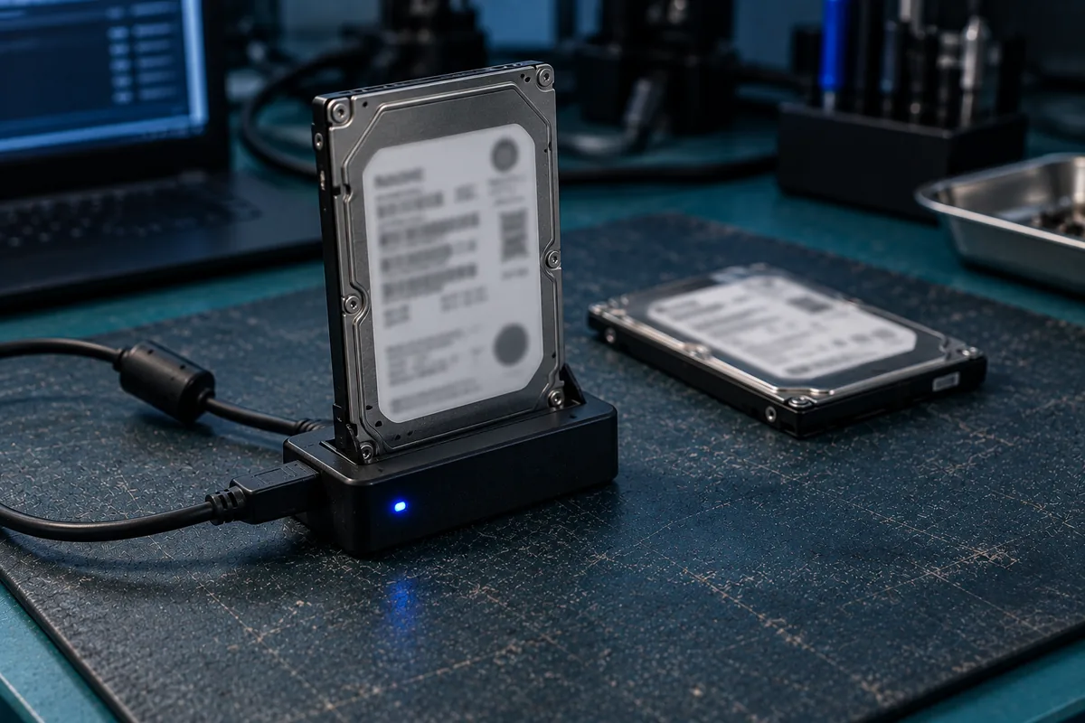 A sealed hard drive upright in a USB diagnostic dock beside a second sealed drive on an anti-static mat