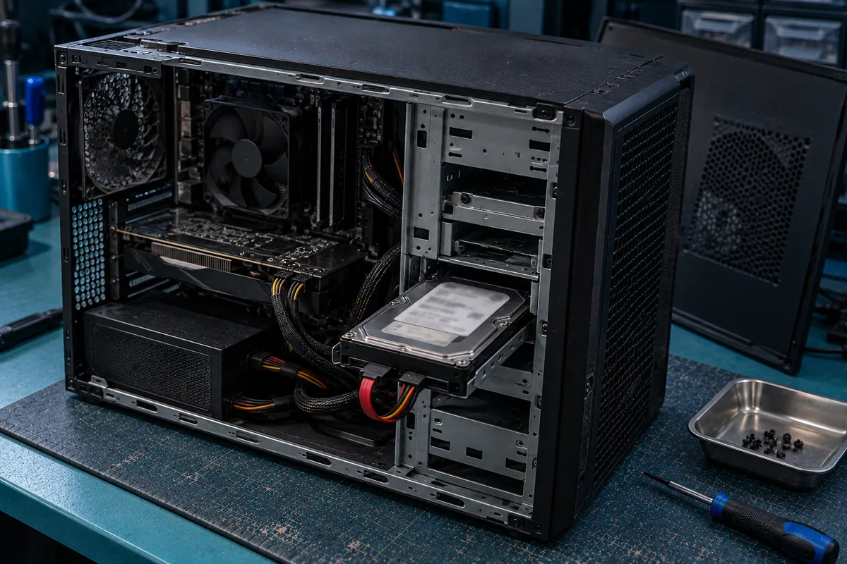 A desktop PC on its side with the side panel removed and a sealed hard drive half withdrawn from the drive cage