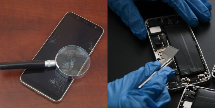 A collage showing a cracked smartphone screen under a magnifying glass on the left and gloved hands repairing a smartphone's internal components on the right.